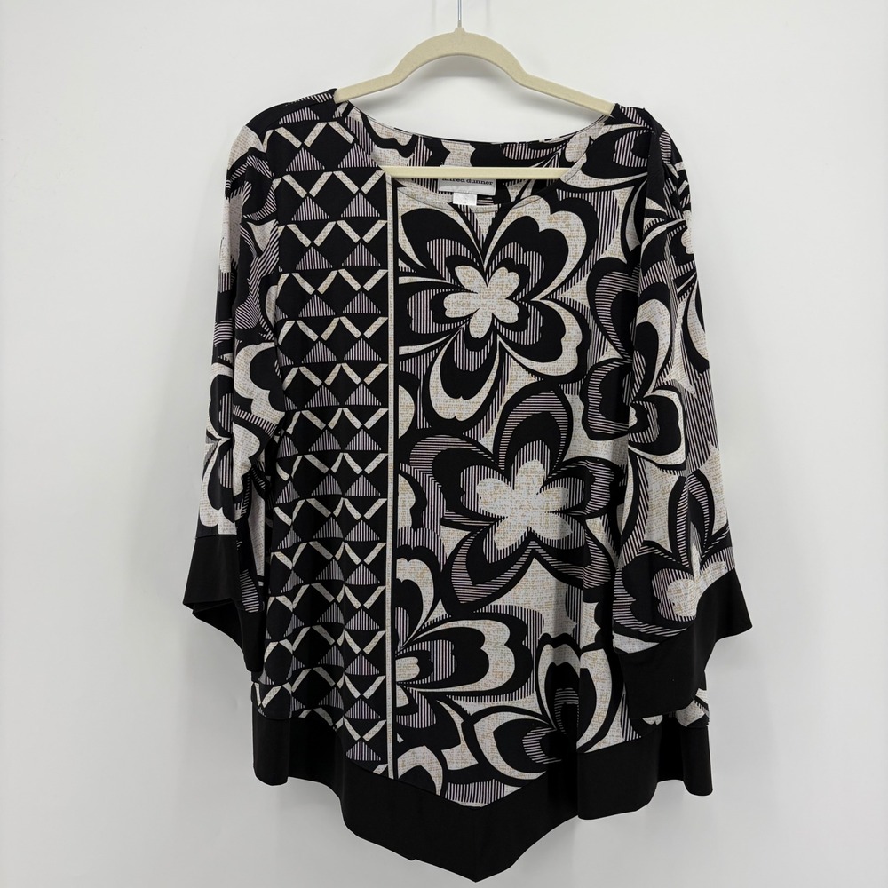 Alfred Dunner Womens XL Black Floral Geometric Sharkbite Hem 3/4 Sleeve Blouse